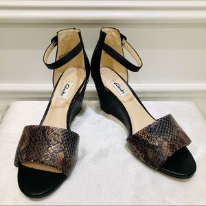 Clarks Leather Wedge Heels with Ankle Strap, size 7M